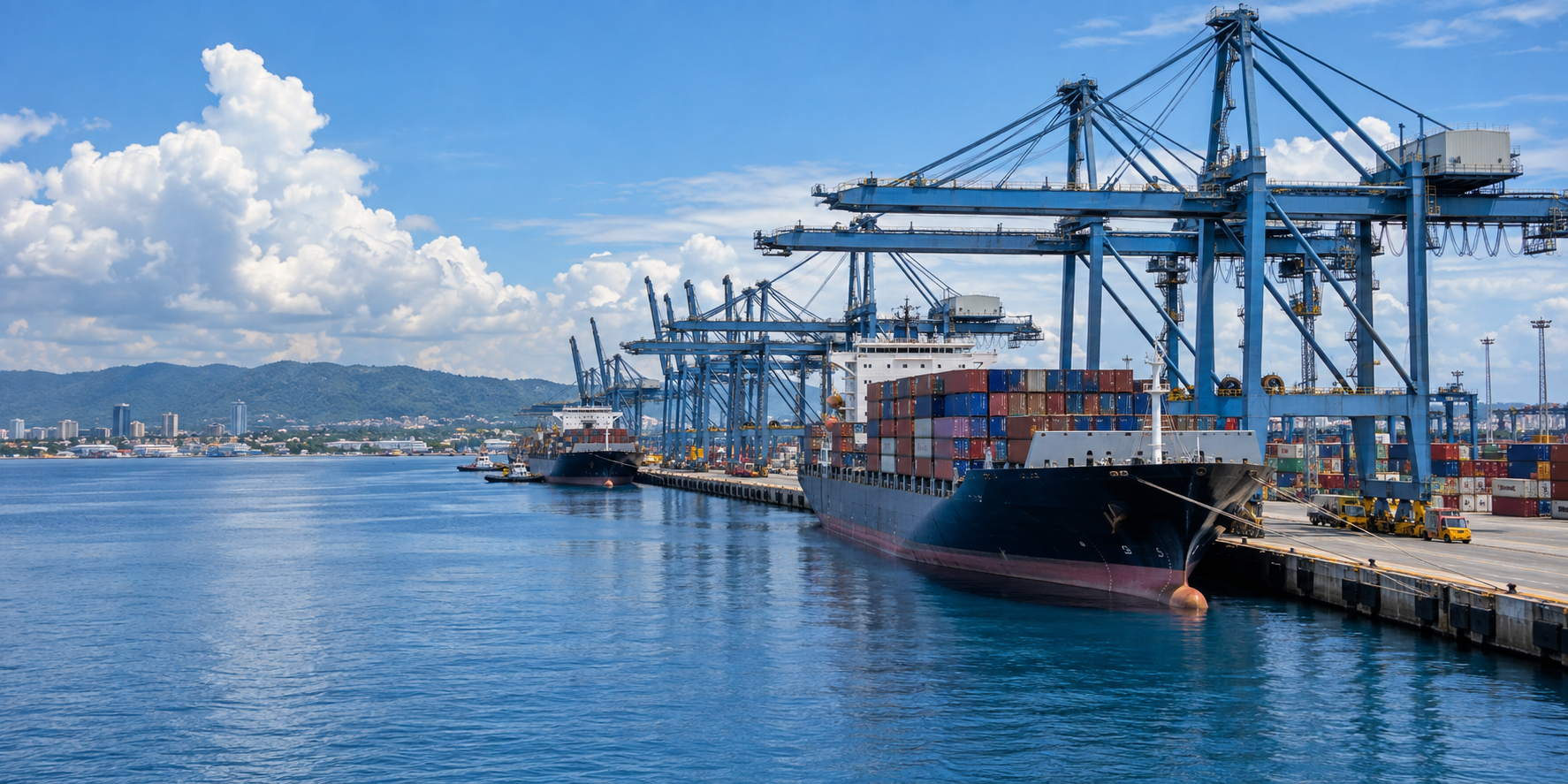 Illustration éditoriale d'infrastructures portuaires et logistiques à Pointe-Noire